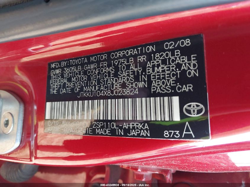 2008 Scion Xd VIN: JTKKU104X8J023824 Lot: 43249938