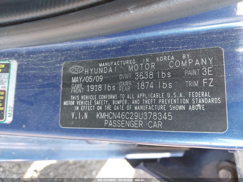 2009 Hyundai Accent Gls VIN: KMHCN46C29U378345 Lot: 43249952