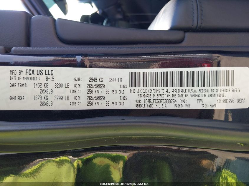 2015 Jeep Grand Cherokee High Altitude VIN: 1C4RJFCG3FC939764 Lot: 43249953