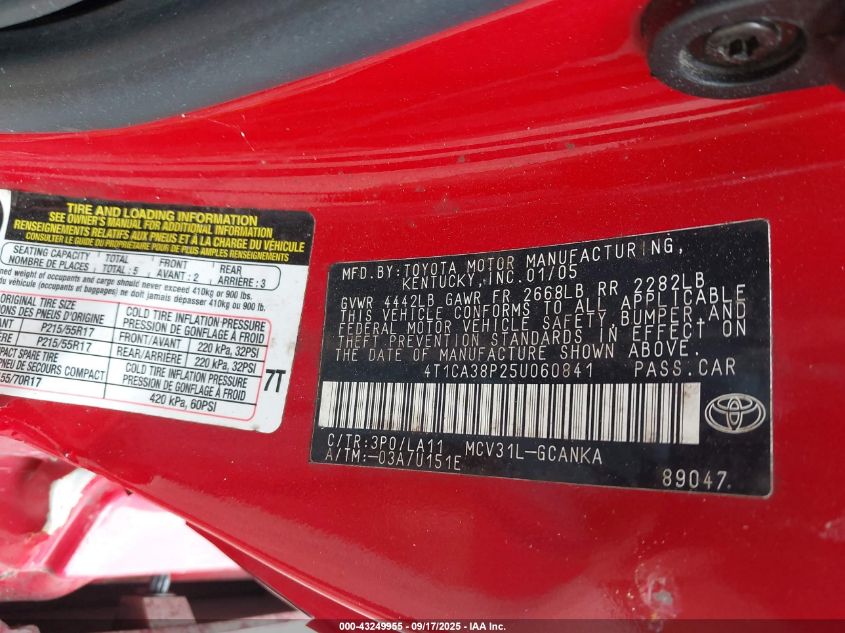 2005 Toyota Camry VIN: 4TICA38P25U060841 Lot: 43249955