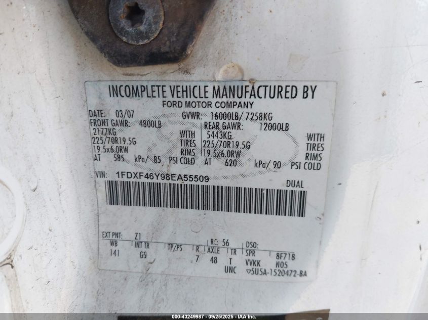 2008 Ford F-450 Chassis Xl/Xlt VIN: 1FDXF46Y98EA55509 Lot: 43249987