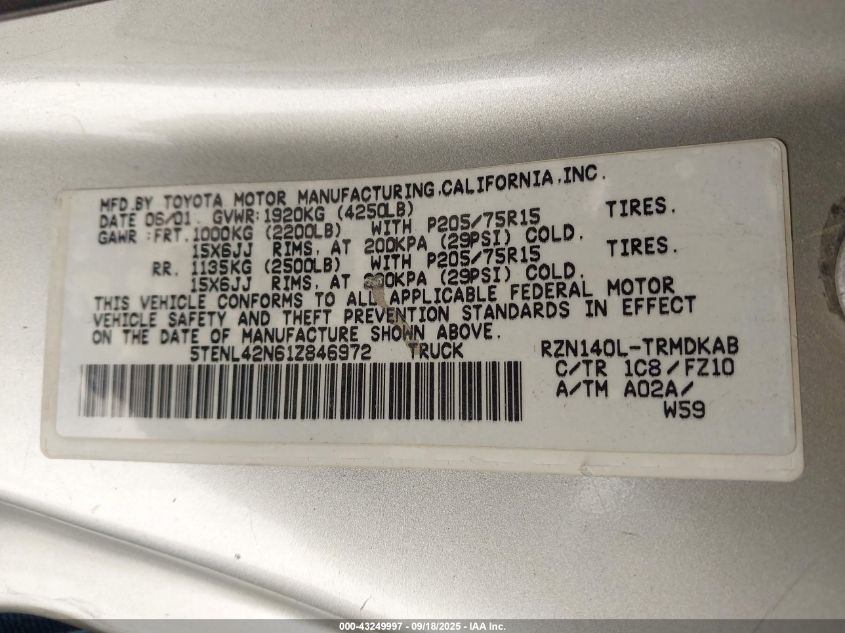 2001 Toyota Tacoma VIN: 5TENL42N61Z846972 Lot: 43249997