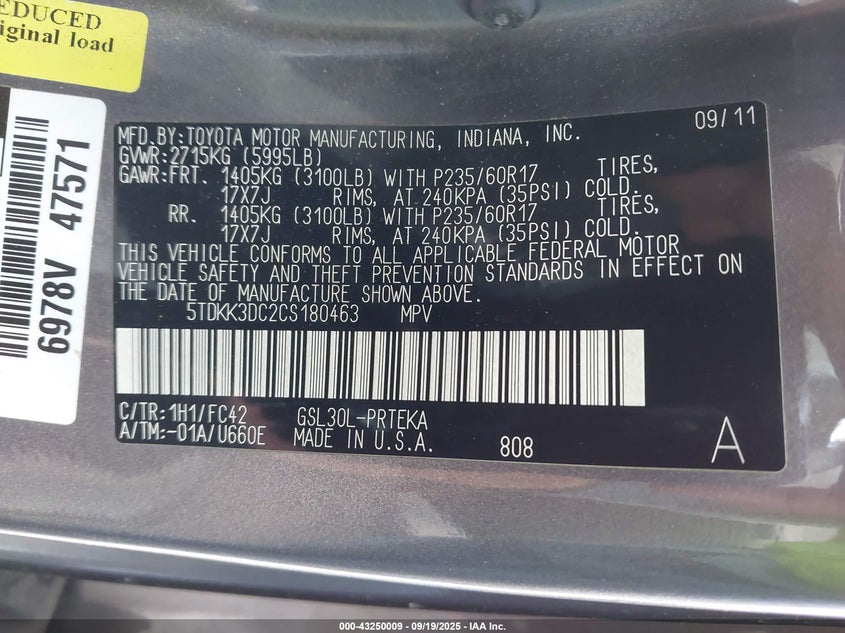 2012 Toyota Sienna Le V6 8 Passenger VIN: 5TDKK3DC2CS180463 Lot: 43250009