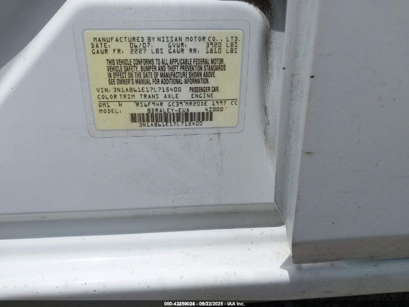 2007 Nissan Sentra 2.0S VIN: 3N1AB61E17L715400 Lot: 43250024