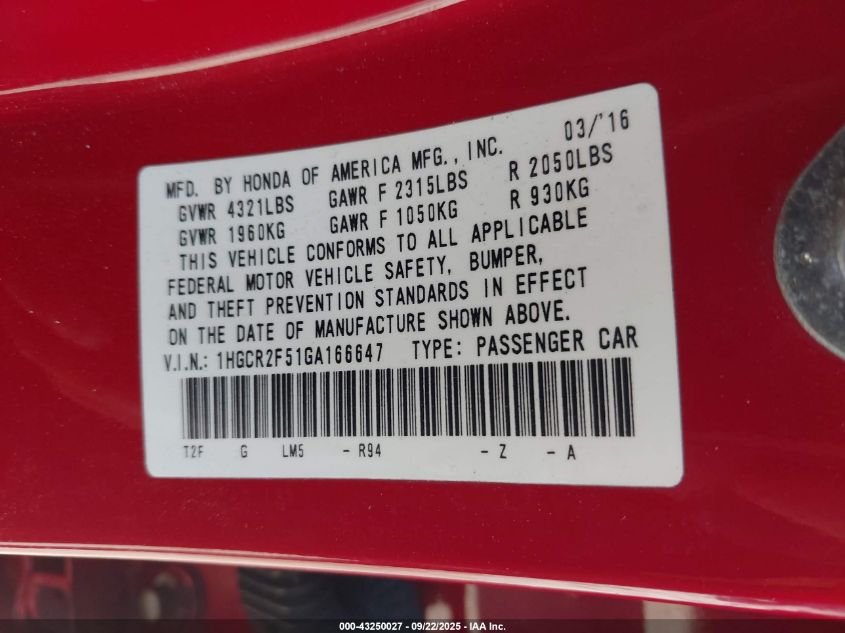 2016 Honda Accord Sport VIN: 1HGCR2F51GA166647 Lot: 43250027
