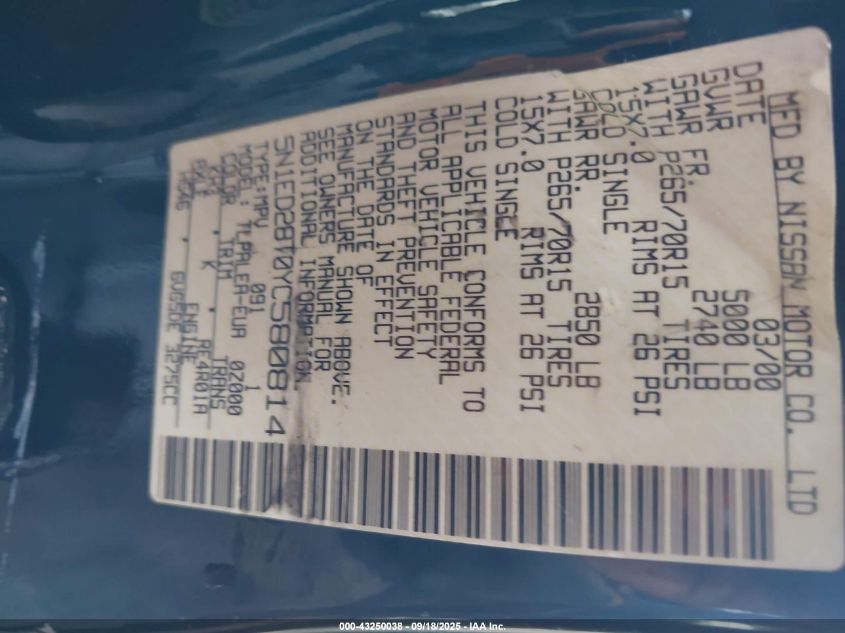 2000 Nissan Xterra Se/Xe VIN: 5N1ED28T0YC580814 Lot: 43250038