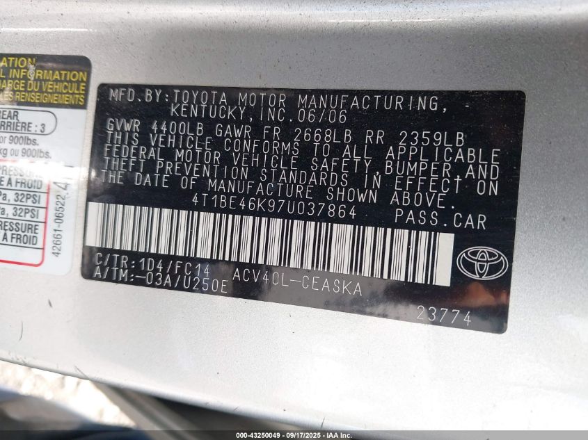 2007 Toyota Camry Se VIN: 4T1BE46K97U037864 Lot: 43250049