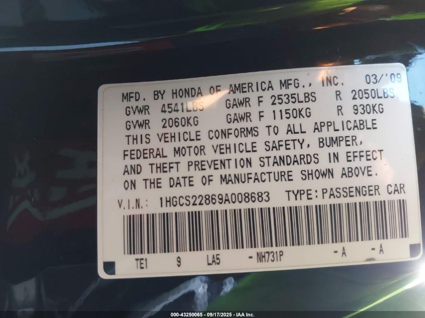 2009 Honda Accord 3.5 Ex-L VIN: 1HGCS22869A008683 Lot: 43250065