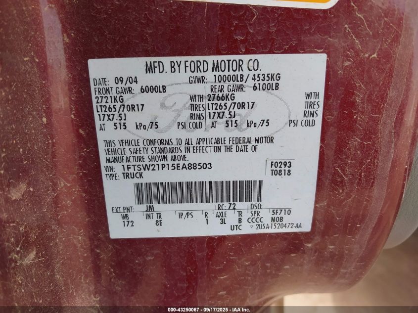 2005 Ford F-250 Lariat/Xl/Xlt VIN: 1FTSW21P15EA88503 Lot: 43250067