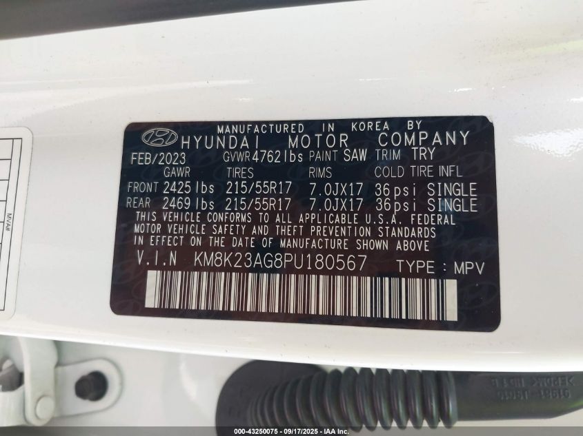 2023 Hyundai Kona Electric Se VIN: KM8K23AG8PU180567 Lot: 43250075
