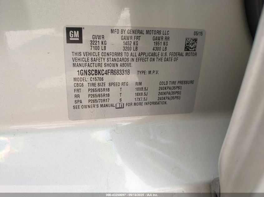 2015 Chevrolet Tahoe Lt VIN: 1GNSCBKC4FR683318 Lot: 43250097