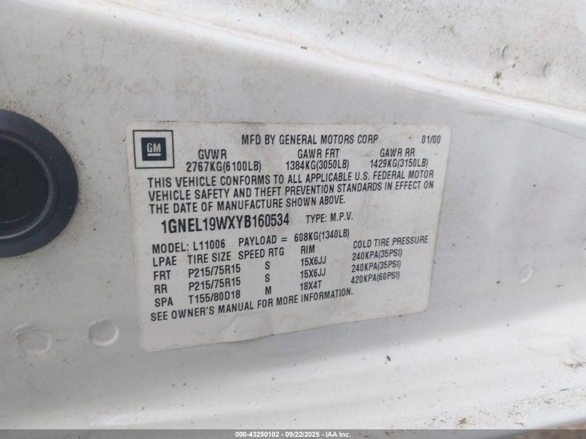 2000 Chevrolet Astro VIN: 1GNEL19WXYB160534 Lot: 43250102