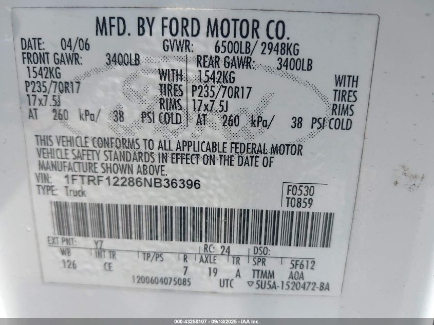 2006 Ford F-150 Stx/Xl/Xlt VIN: 1FTRF12286NB36396 Lot: 43250107