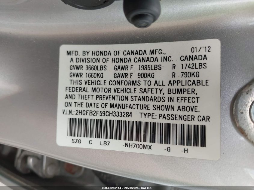 2012 Honda Civic Lx VIN: 2HGFB2F59CH333284 Lot: 43250114