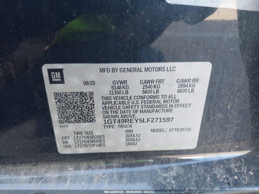 2020 GMC Sierra 2500Hd 4Wd Standard Bed Denali VIN: 1GT49REY5LF271597 Lot: 43250120