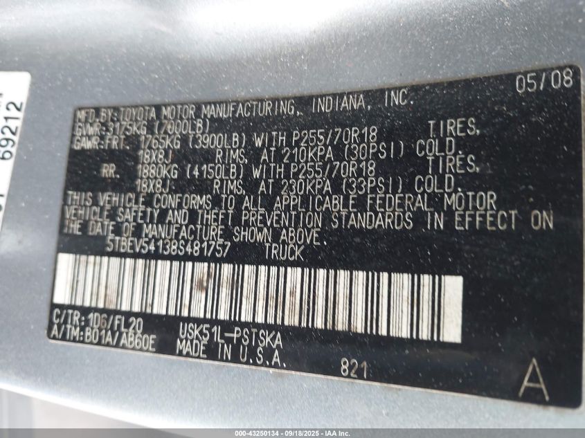 2008 Toyota Tundra Base 5.7L V8 VIN: 5TBEV54138S481757 Lot: 43250134