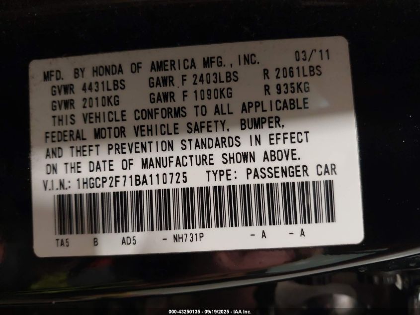 2011 Honda Accord 2.4 Ex VIN: 1HGCP2F71BA110725 Lot: 43250135