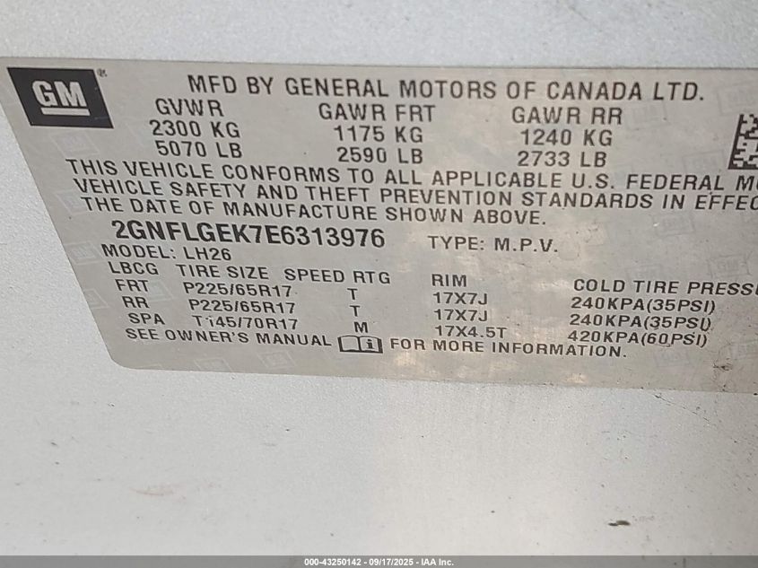 2014 Chevrolet Equinox 2Lt VIN: 2GNFLGEK7E6313976 Lot: 43250142