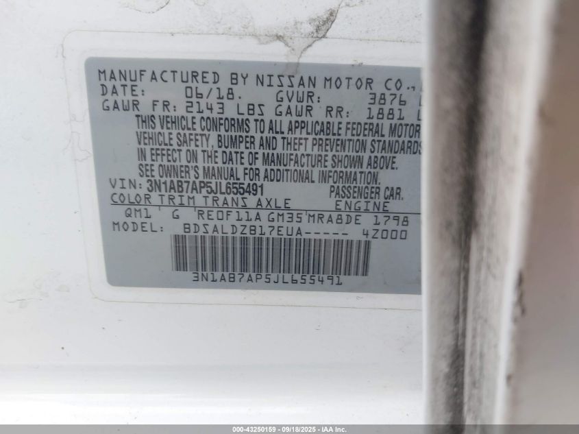 2018 Nissan Sentra Sv VIN: 3N1AB7AP5JL655491 Lot: 43250159