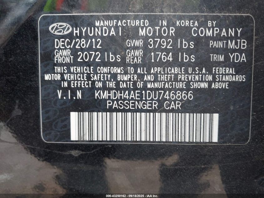 2013 Hyundai Elantra Gls VIN: KMHDH4AE1DU746866 Lot: 43250162