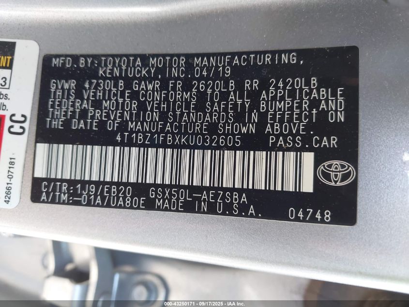 2019 Toyota Avalon Touring VIN: 4T1BZ1FBXKU032605 Lot: 43250171