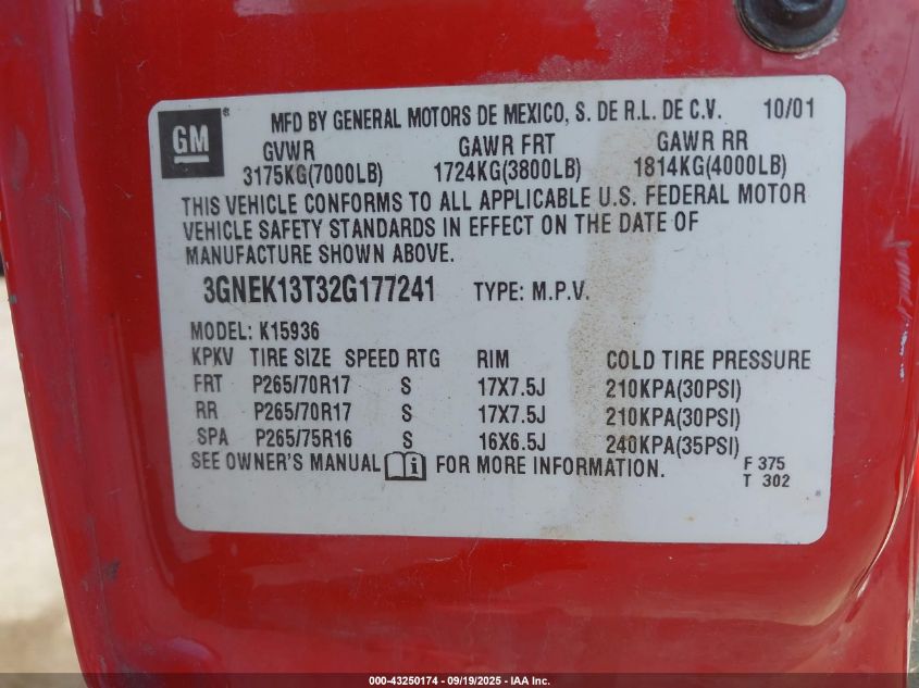 2002 Chevrolet Avalanche 1500 VIN: 3GNEK13T32G177241 Lot: 43250174