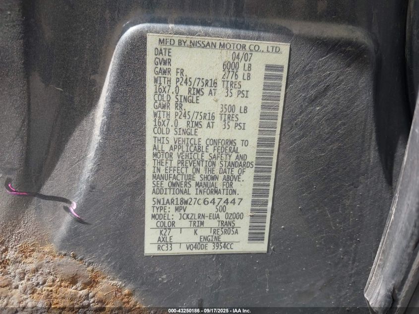 2007 Nissan Pathfinder S VIN: 5N1AR18W27C647447 Lot: 43250186