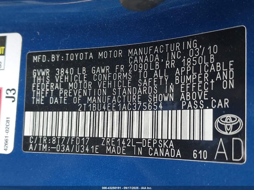 2010 Toyota Corolla S VIN: 2T1BU4EE1AC375654 Lot: 43250191