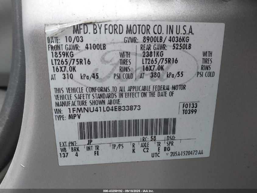 2004 Ford Excursion Xls/Xlt VIN: 1FMNU41L04EB33873 Lot: 43250192