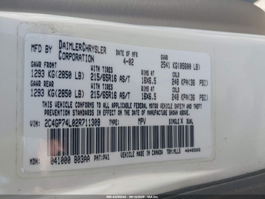 2002 Chrysler Town & Country Ex VIN: 2C4GP74L02R711309 Lot: 43250240