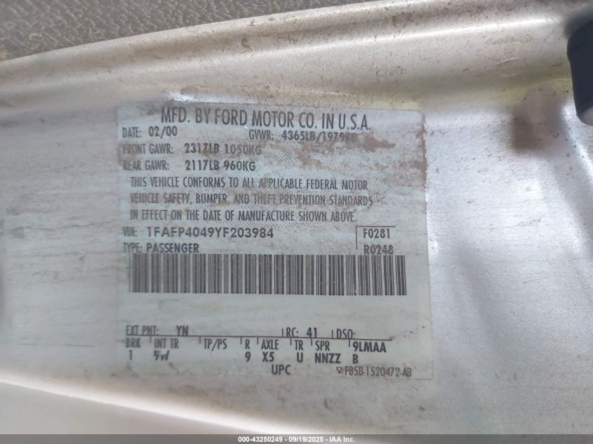 2000 Ford Mustang VIN: 1FAFP4049YF203984 Lot: 43250249