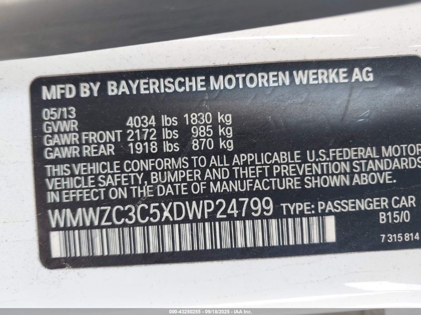 2013 Mini Countryman Cooper S VIN: WMWZC3C5XDWP24799 Lot: 43250255