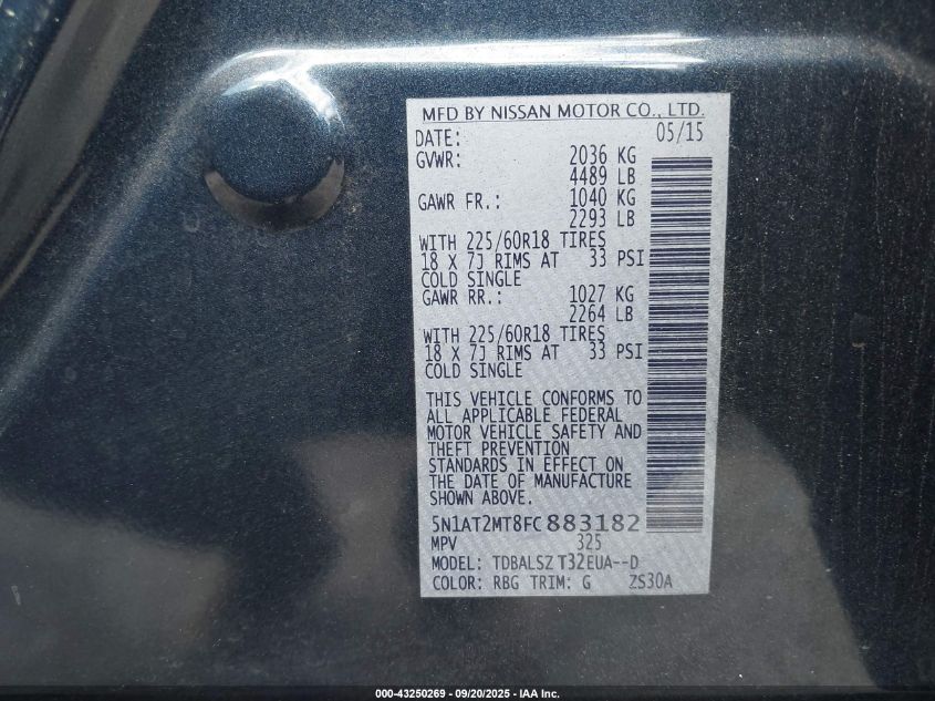 2015 Nissan Rogue Sl VIN: 5N1AT2MT8FC883182 Lot: 43250269