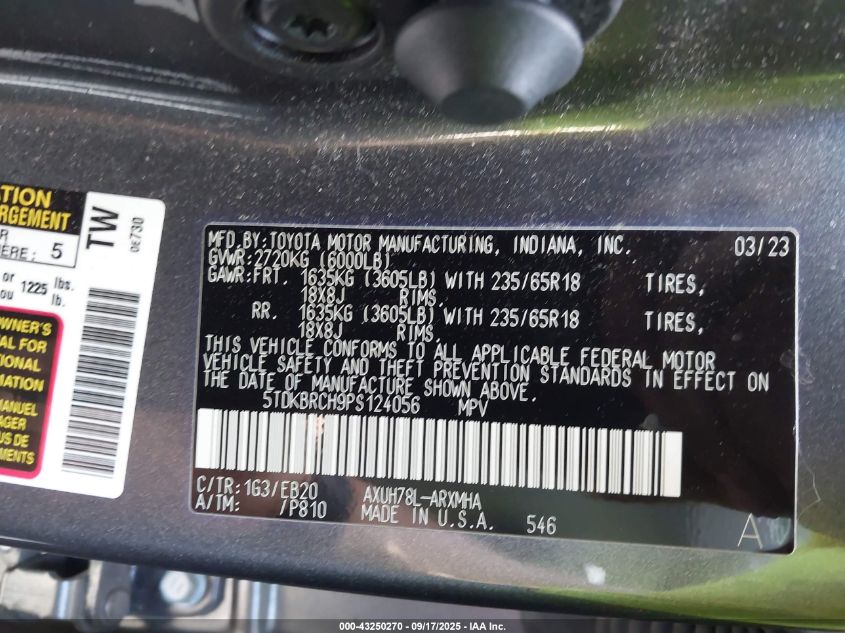 2023 Toyota Highlander Hybrid Xle VIN: 5TDKBRCH9PS124056 Lot: 43250270