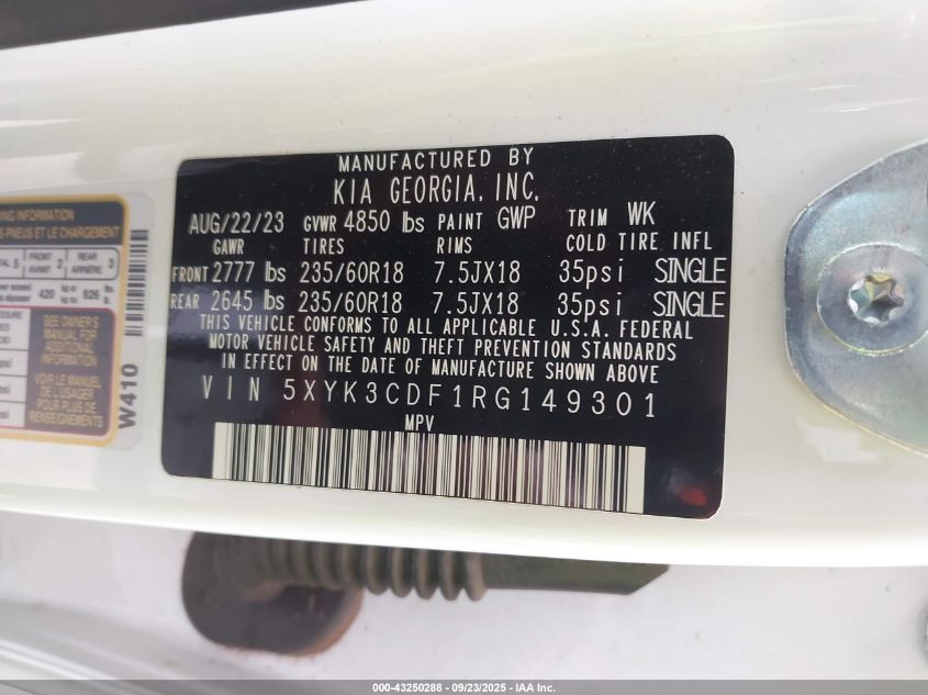 2024 Kia Sportage Ex VIN: 5XYK3CDF1RG149301 Lot: 43250288
