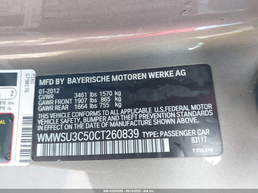 2012 Mini Cooper VIN: WMWSU3C50CT260839 Lot: 43250289