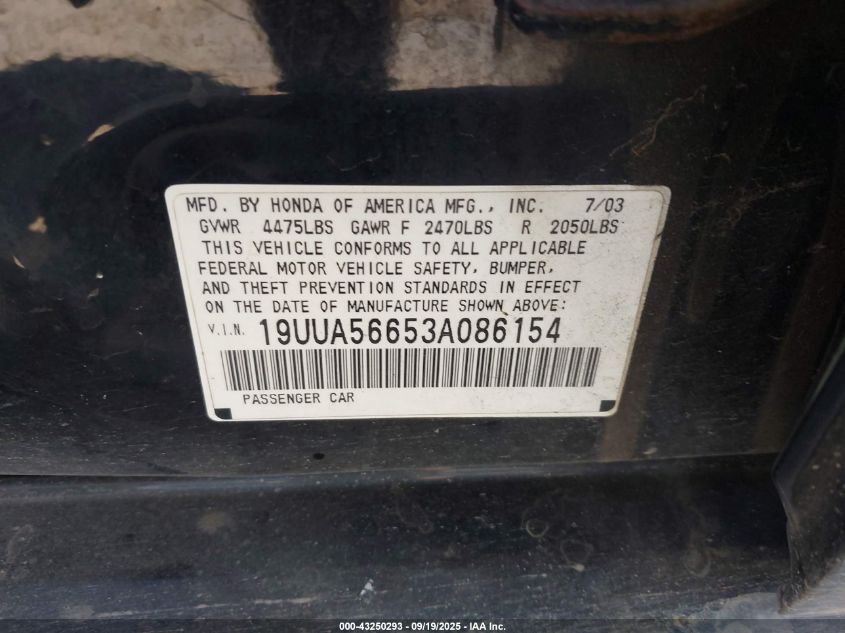 2003 Acura Tl 3.2 VIN: 19UUA56653A086154 Lot: 43250293