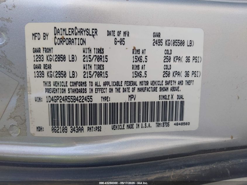 2005 Dodge Grand Caravan Se VIN: 1D4GP24R55B422455 Lot: 43250300