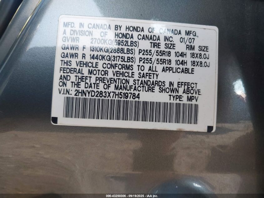 2007 Acura Mdx Technology Package VIN: 2HNYD283X7H519784 Lot: 43250306