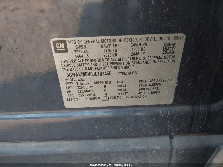 2018 Chevrolet Equinox Premier VIN: 3GNAXMEV8JL107465 Lot: 43250308