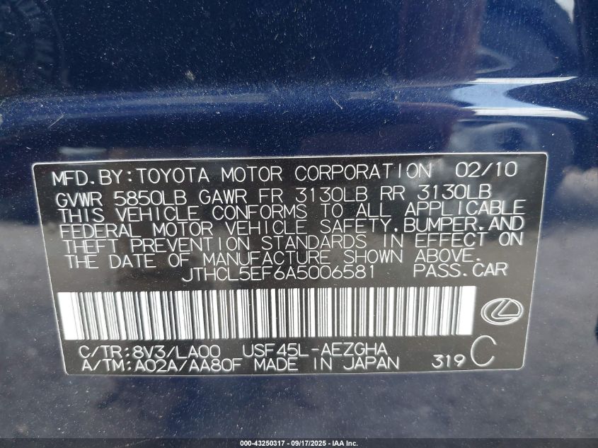 2010 Lexus Ls 460 VIN: JTHCL5EF6A5006581 Lot: 43250317