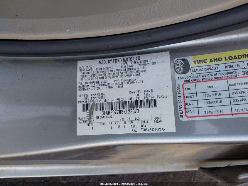 2008 Ford Fusion Se VIN: 3FAHP07Z88R123372 Lot: 43250321
