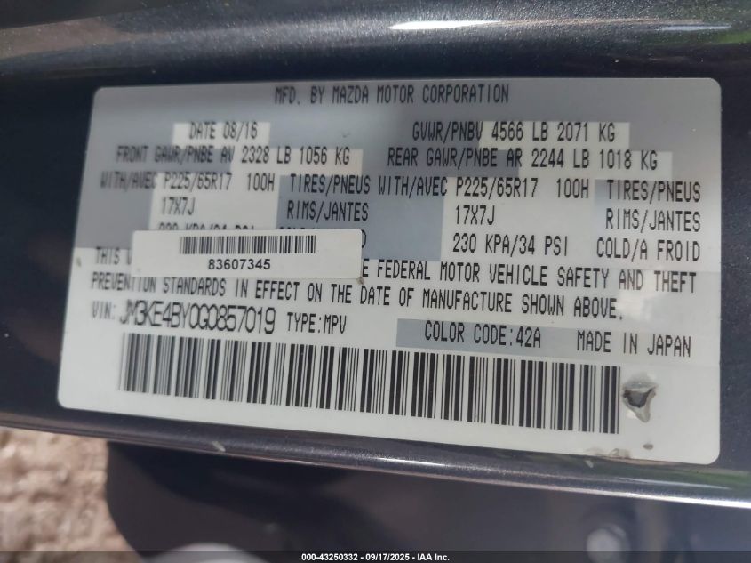 2016 Mazda Cx-5 Sport VIN: JM3KE4BY0G0857019 Lot: 43250332