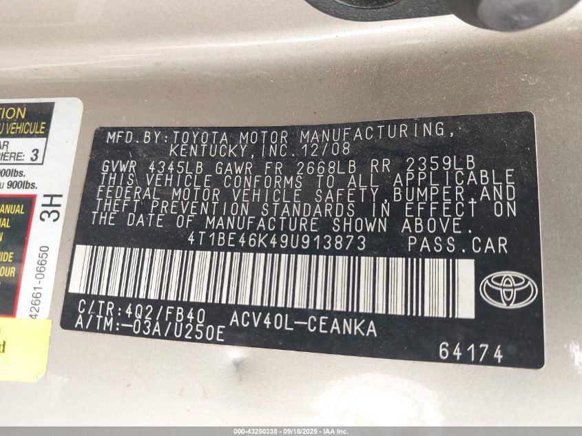 2009 Toyota Camry Le VIN: 4T1BE46K49U913873 Lot: 43250338