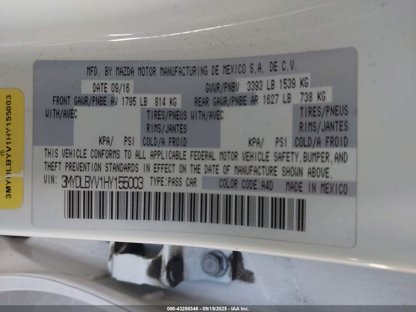 2017 Toyota Yaris Ia VIN: 3MYDLBYV1HY155003 Lot: 43250346