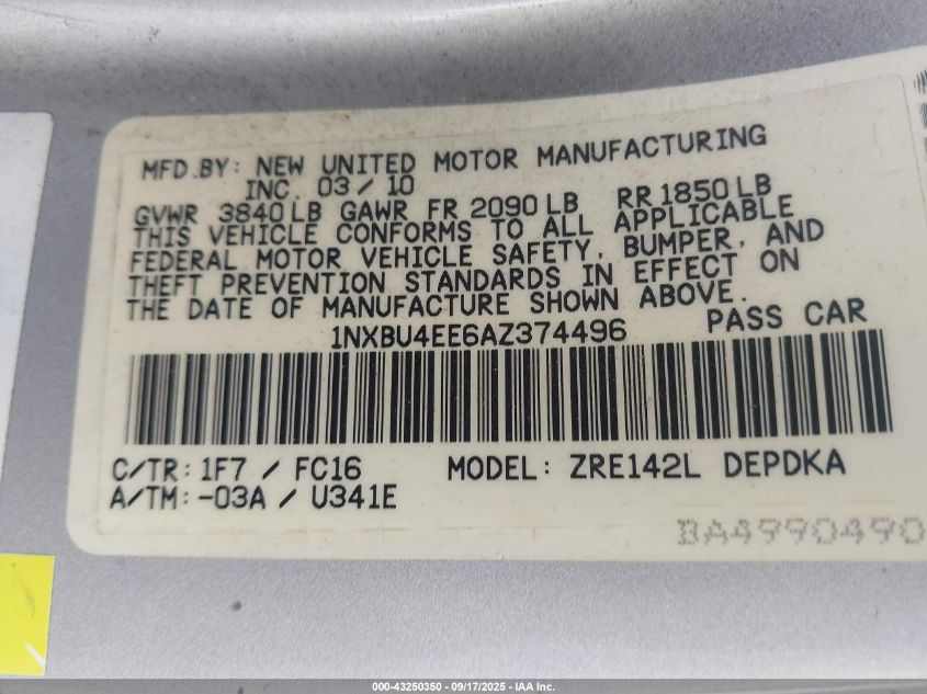 2010 Toyota Corolla Le VIN: 1NXBU4EE6AZ374496 Lot: 43250350