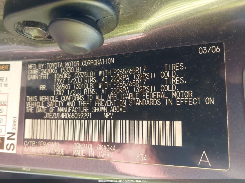 2006 Toyota 4Runner Sr5 V6 VIN: JTEZU14R068059291 Lot: 43250354