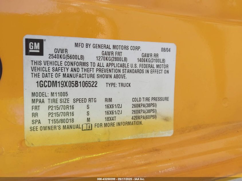 2005 Chevrolet Astro VIN: 1GCDM19X05B106522 Lot: 43250399