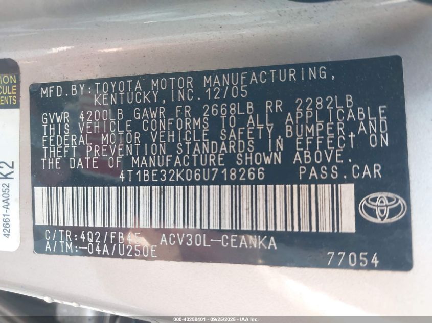 2006 Toyota Camry Le VIN: 4T1BE32K06U718266 Lot: 43250401