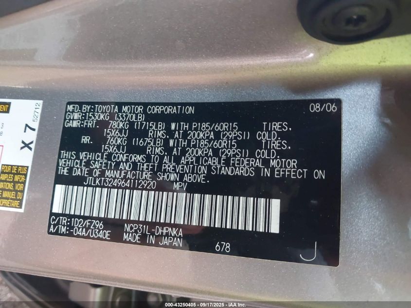 2006 Scion Xb VIN: JTLKT324964112920 Lot: 43250405